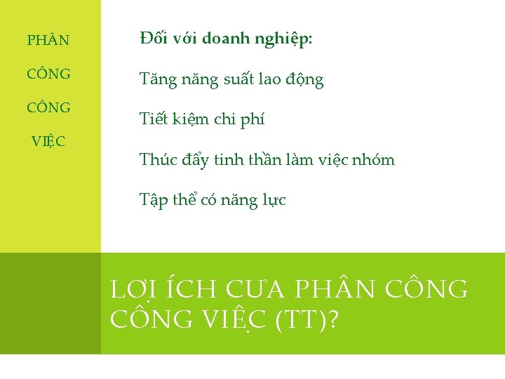 PH N Đối với doanh nghiệp: CÔNG Tăng năng suất lao động CÔNG VIỆC