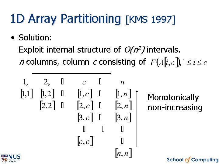 1 D Array Partitioning [KMS 1997] • Solution: Exploit internal structure of O(n 2)