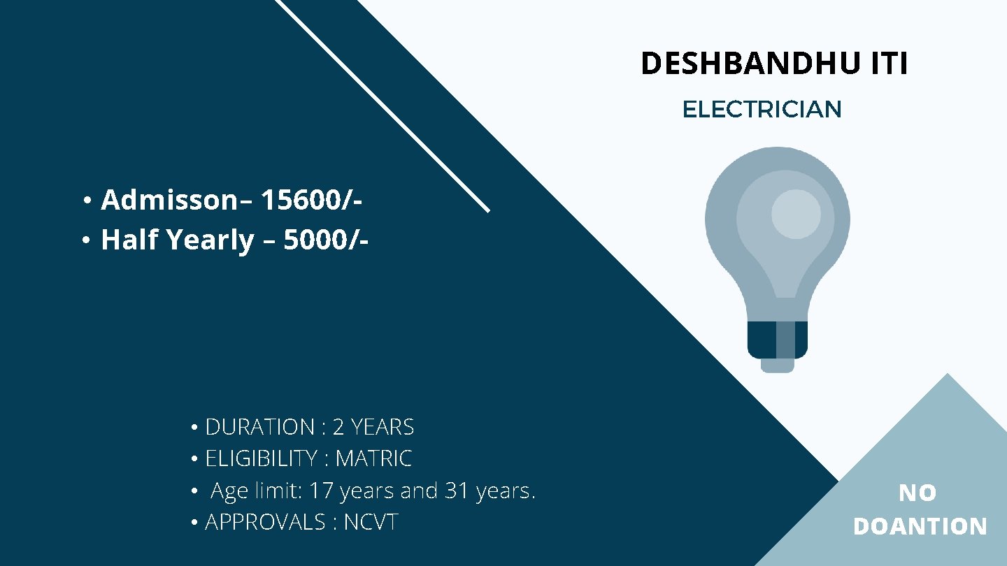 DESHBANDHU ITI ELECTRICIAN • Admisson– 15600/ • Half Yearly – 5000/- • DURATION :