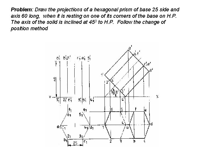 Problem: Draw the projections of a hexagonal prism of base 25 side and axis