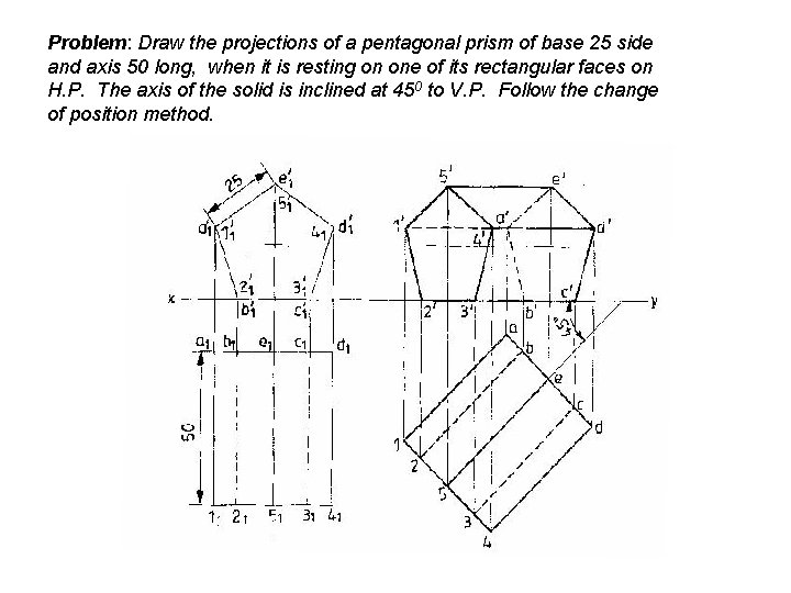 Problem: Draw the projections of a pentagonal prism of base 25 side and axis