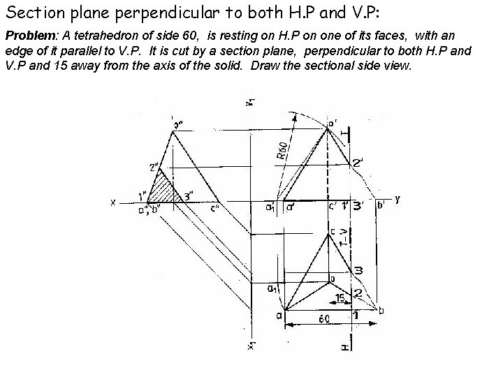 Section plane perpendicular to both H. P and V. P: Problem: A tetrahedron of