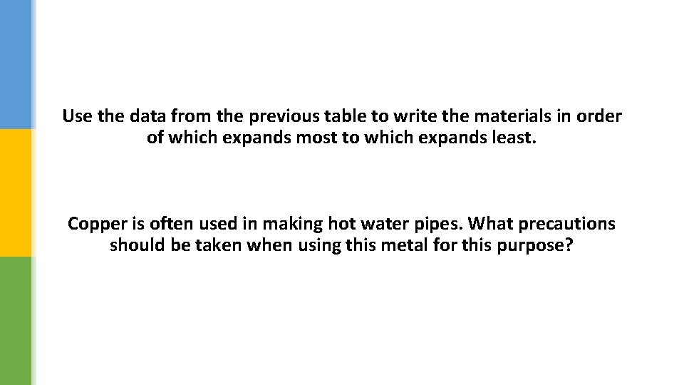 Use the data from the previous table to write the materials in order of