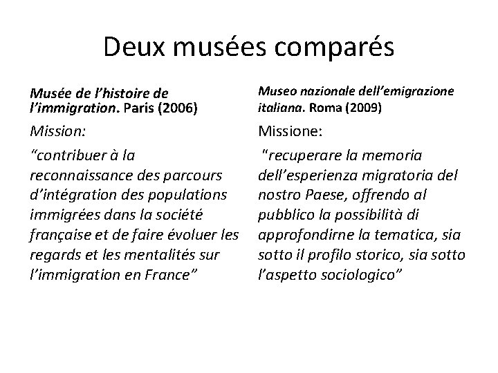 Deux musées comparés Musée de l’histoire de l’immigration. Paris (2006) Museo nazionale dell’emigrazione italiana.