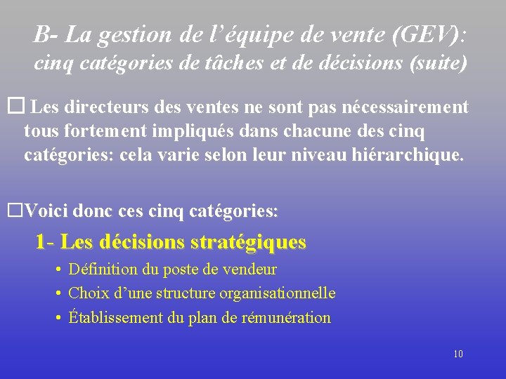 B- La gestion de l’équipe de vente (GEV): cinq catégories de tâches et de