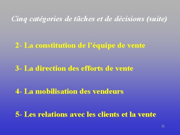 Cinq catégories de tâches et de décisions (suite) 2 - La constitution de l’équipe