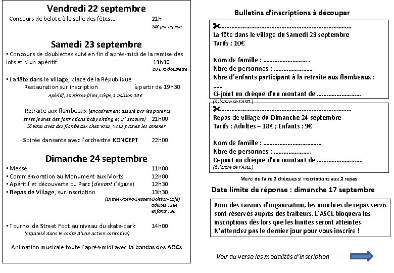 Vendredi 22 septembre Concours de belote à la salle des fêtes… 21 h 14€