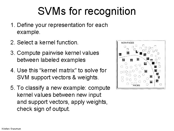 SVMs for recognition 1. Define your representation for each example. 2. Select a kernel