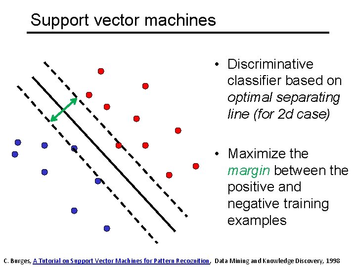 Support vector machines • Discriminative classifier based on optimal separating line (for 2 d