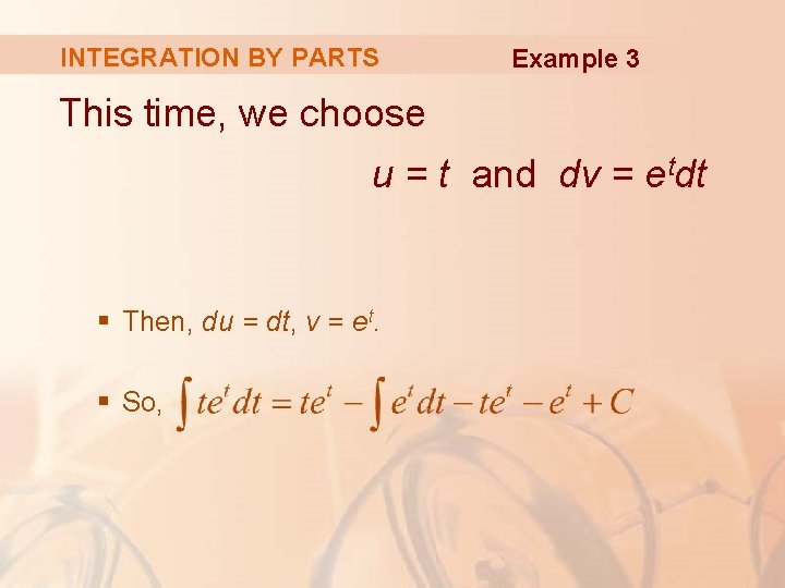 INTEGRATION BY PARTS Example 3 This time, we choose u = t and dv