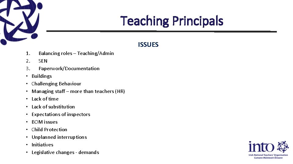 Teaching Principals ISSUES 1. Balancing roles – Teaching/Admin 2. SEN 3. Paperwork/Documentation • Buildings