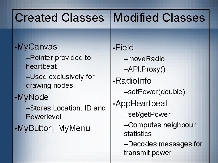 Created Classes Modified Classes • My. Canvas • Field –Pointer provided to heartbeat –Used