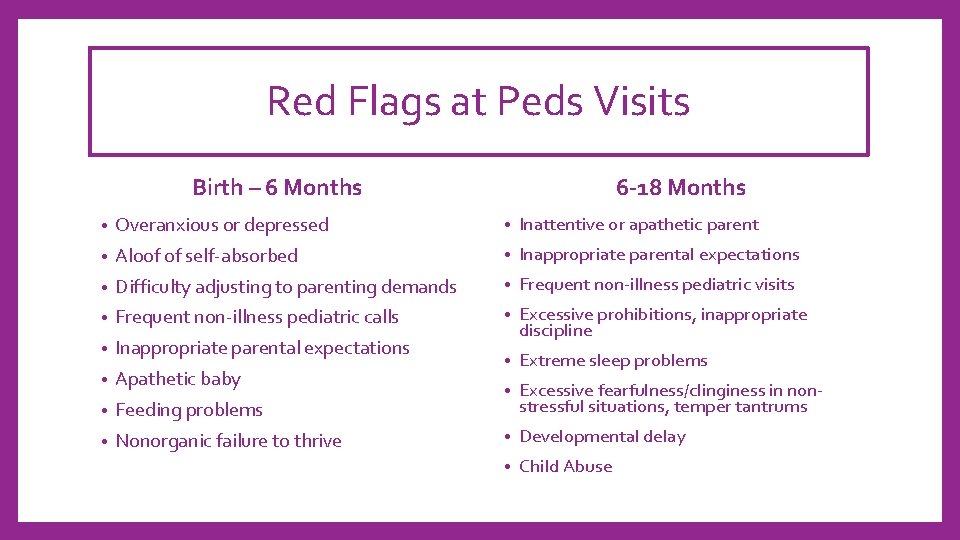 Red Flags at Peds Visits 6 -18 Months Birth – 6 Months • Overanxious
