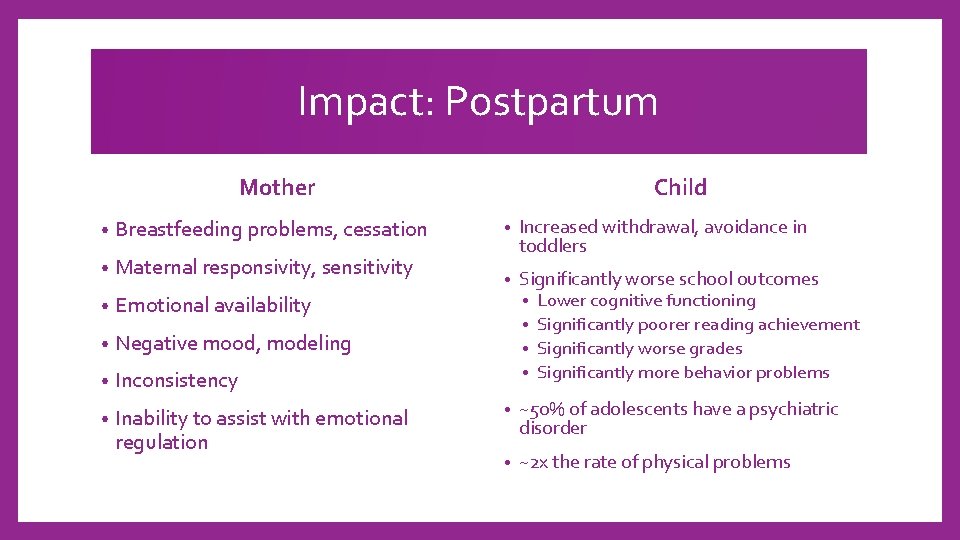 Impact: Postpartum Child Mother • Breastfeeding problems, cessation • Maternal responsivity, sensitivity • Emotional