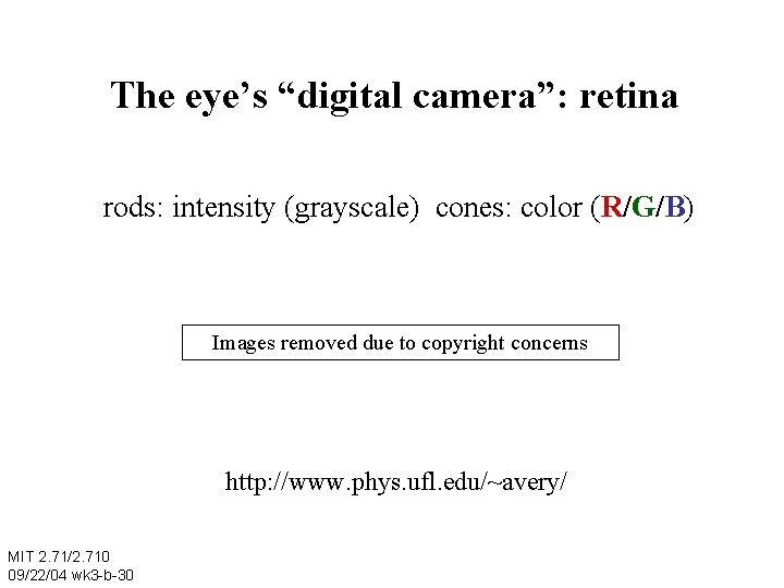 The eye’s “digital camera”: retina rods: intensity (grayscale) cones: color (R/G/B) Images removed due