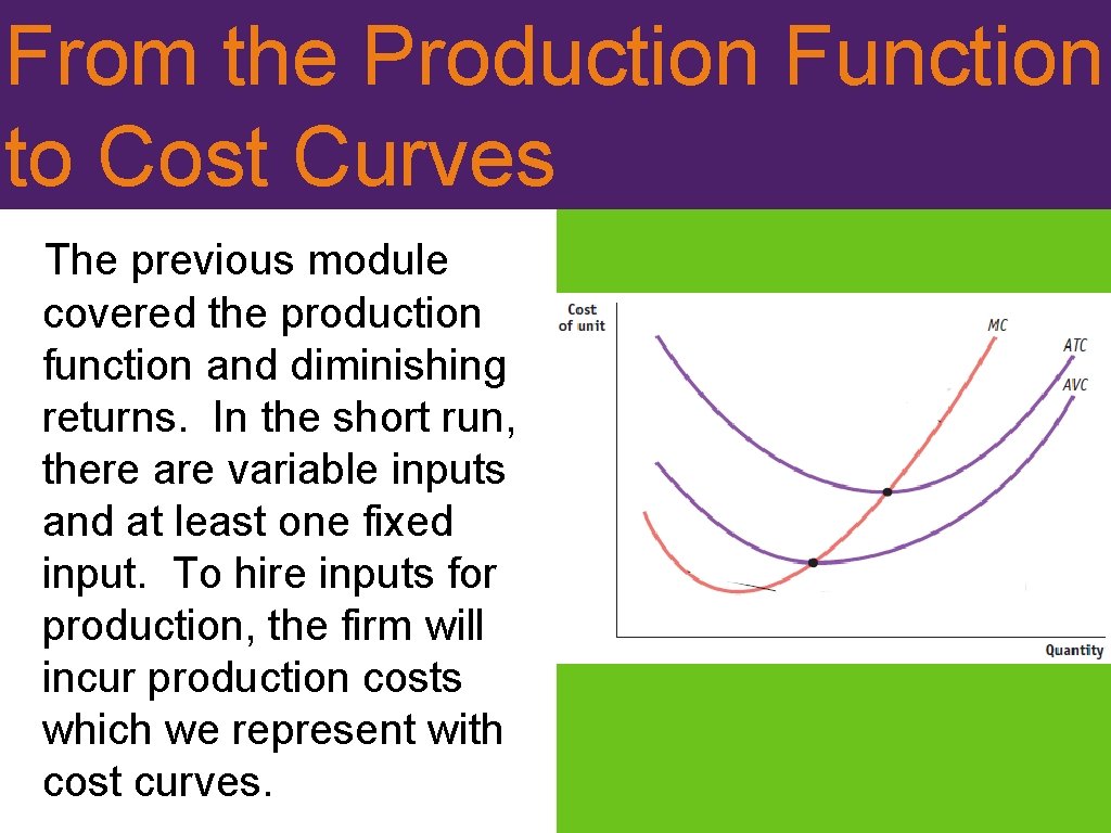 From the Production Function to Cost Curves The previous module covered the production function