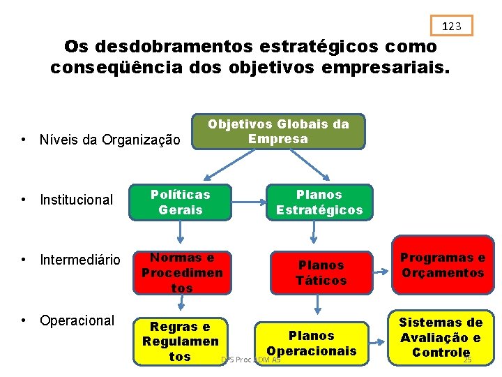 123 Os desdobramentos estratégicos como conseqüência dos objetivos empresariais. • Níveis da Organização Objetivos