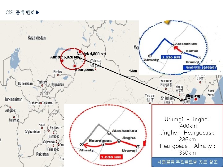 카자흐스탄 물류 변화 CIS 물류변화▶ Dostyk 4, 800 km Almaty 6, 020 km Heurgoeus
