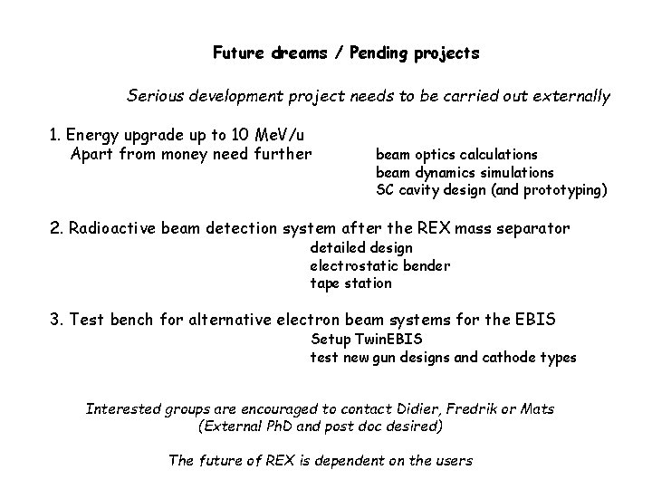 Future dreams / Pending projects Serious development project needs to be carried out externally