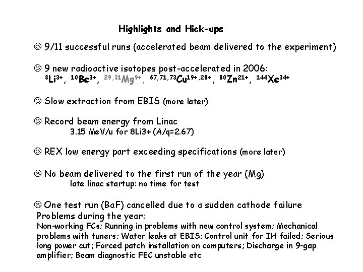 Highlights and Hick-ups 9/11 successful runs (accelerated beam delivered to the experiment) 9 new