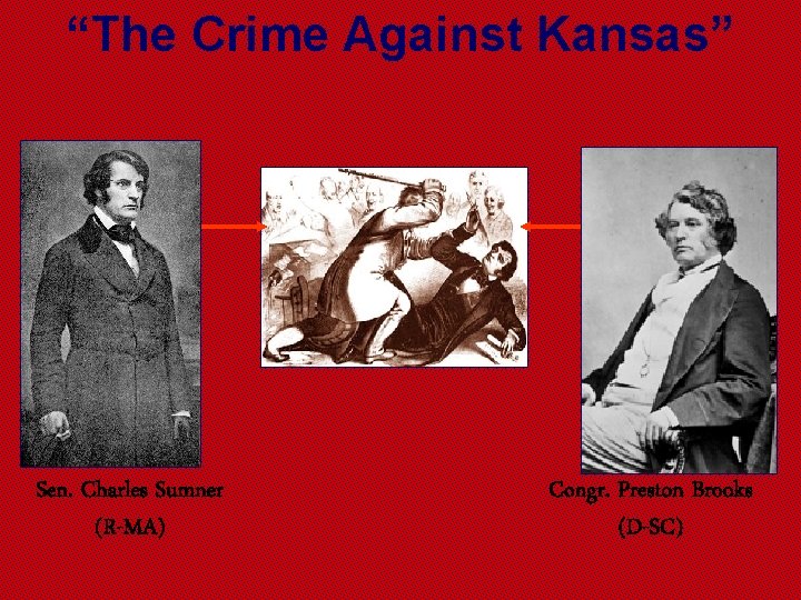 “The Crime Against Kansas” Sen. Charles Sumner (R-MA) Congr. Preston Brooks (D-SC) 