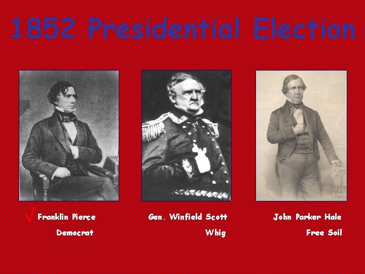 1852 Presidential Election √ Franklin Pierce Gen. Winfield Scott John Parker Hale Democrat Whig