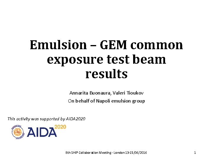 Emulsion – GEM common exposure test beam results Annarita Buonaura, Valeri Tioukov On behalf