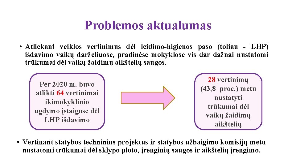 Problemos aktualumas • Atliekant veiklos vertinimus dėl leidimo-higienos paso (toliau - LHP) išdavimo vaikų