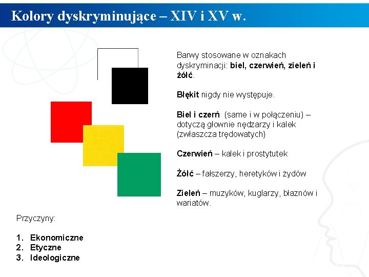 Kolory dyskryminujące – XIV i XV w. Barwy stosowane w oznakach dyskryminacji: biel, czerwień,