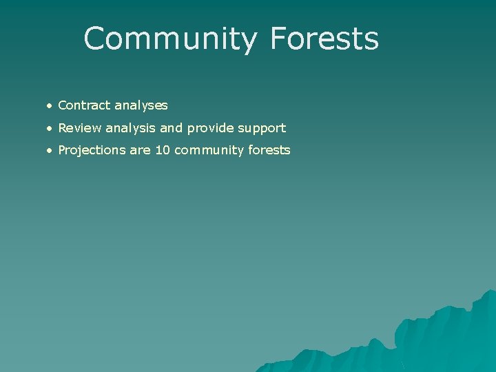Community Forests • Contract analyses • Review analysis and provide support • Projections are Community Forests • Contract analyses • Review analysis and provide support • Projections are