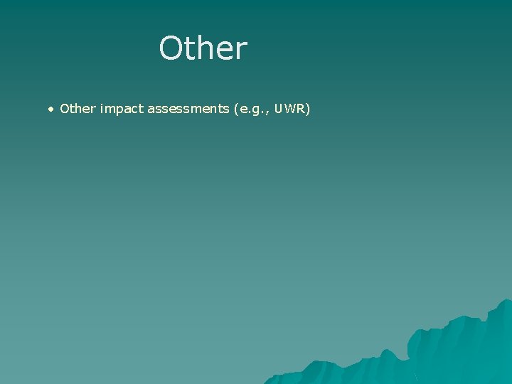 Other • Other impact assessments (e. g. , UWR) Other • Other impact assessments (e. g. , UWR)
