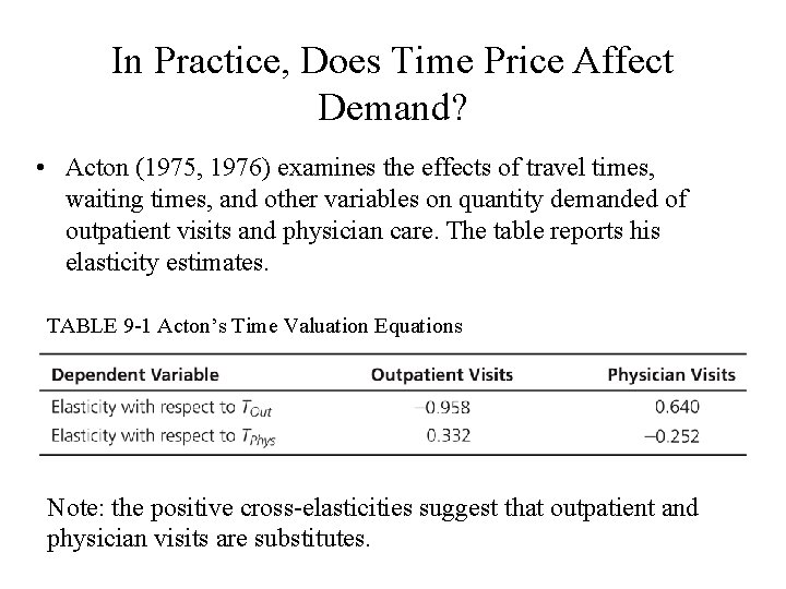 In Practice, Does Time Price Affect Demand? • Acton (1975, 1976) examines the effects