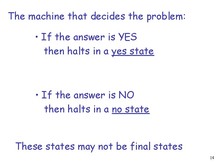 The machine that decides the problem: • If the answer is YES then halts