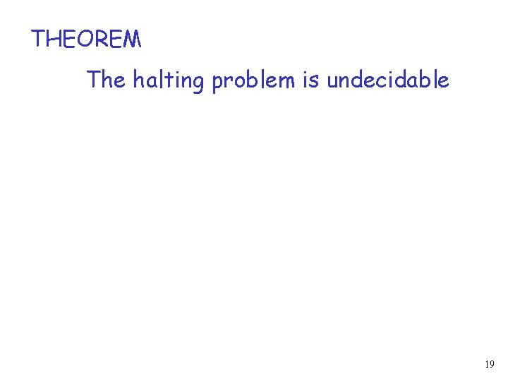 THEOREM The halting problem is undecidable 19 
