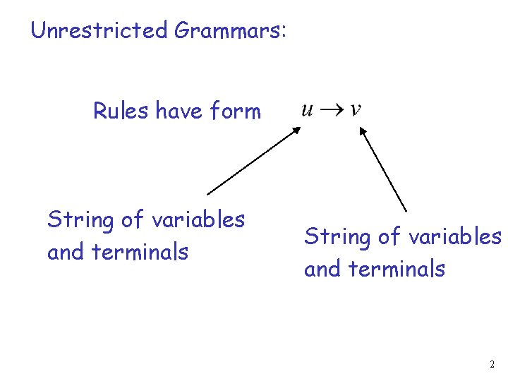 Unrestricted Grammars: Rules have form String of variables and terminals 2 