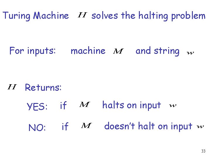 Turing Machine For inputs: solves the halting problem machine and string Returns: YES: if