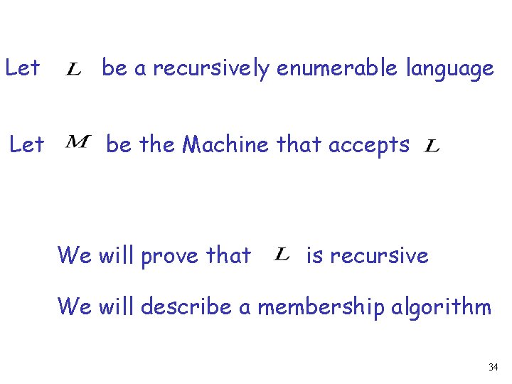 Let be a recursively enumerable language Let be the Machine that accepts We will