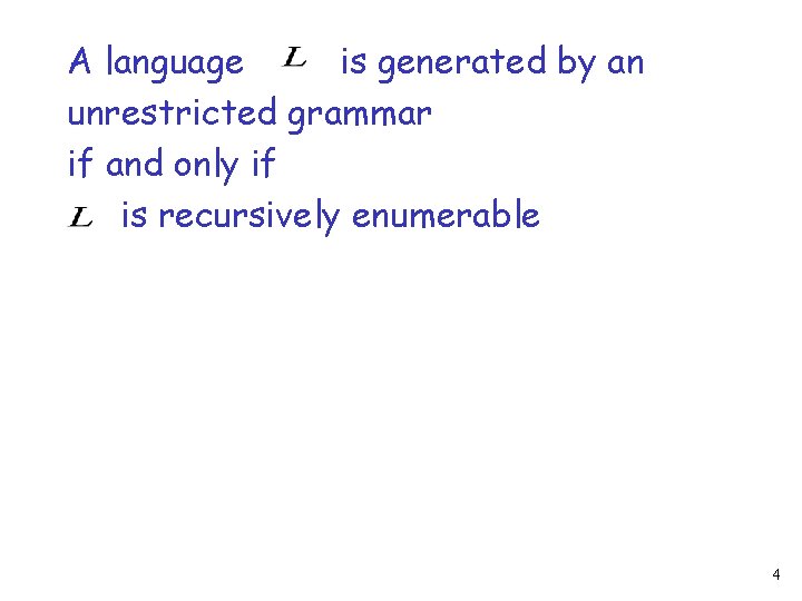 A language is generated by an unrestricted grammar if and only if is recursively