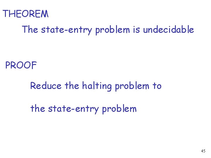 THEOREM The state-entry problem is undecidable PROOF Reduce the halting problem to the state-entry