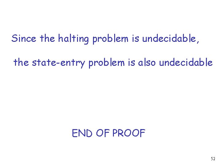 Since the halting problem is undecidable, the state-entry problem is also undecidable END OF