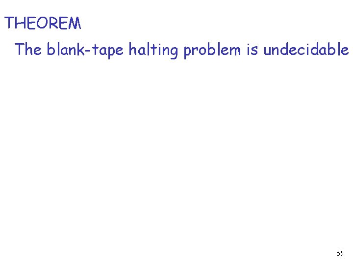 THEOREM The blank-tape halting problem is undecidable 55 