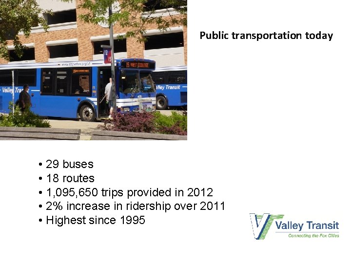 Public transportation today • 29 buses • 18 routes • 1, 095, 650 trips