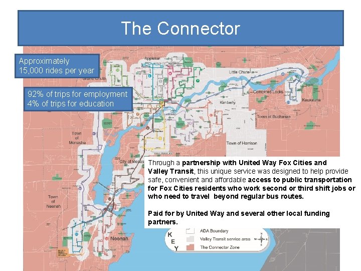 The Connector Approximately 15, 000 rides per year 92% of trips for employment 4%