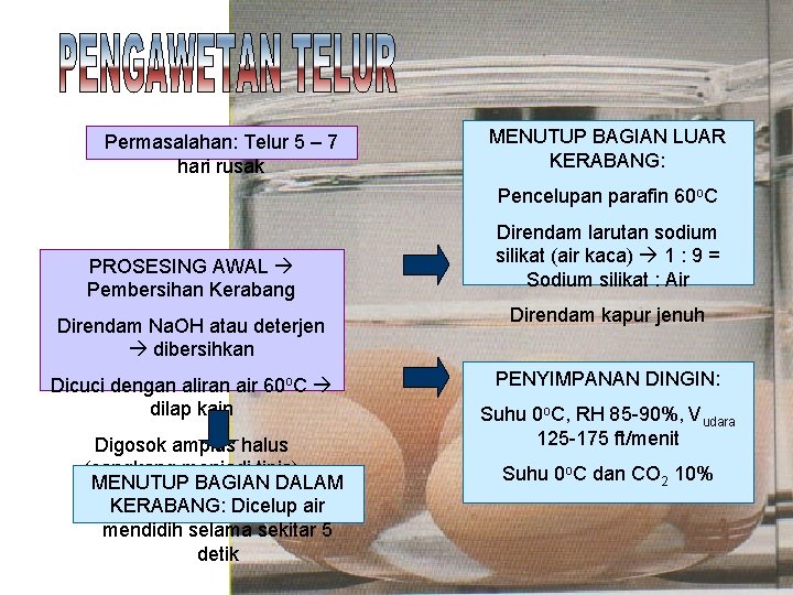 Permasalahan: Telur 5 – 7 hari rusak MENUTUP BAGIAN LUAR KERABANG: Pencelupan parafin 60