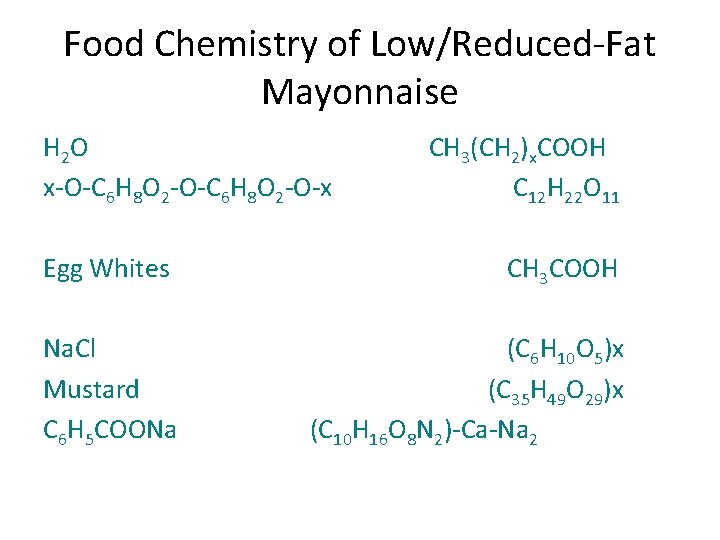 Food Chemistry of Low/Reduced-Fat Mayonnaise H 2 O x-O-C 6 H 8 O 2