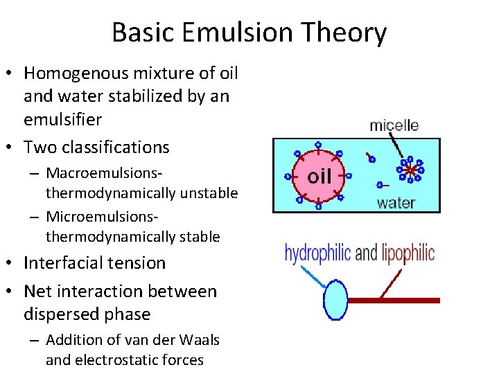 Basic Emulsion Theory • Homogenous mixture of oil and water stabilized by an emulsifier