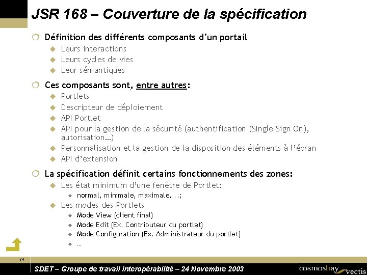 JSR 168 – Couverture de la spécification ¦ Définition des différents composants d’un portail
