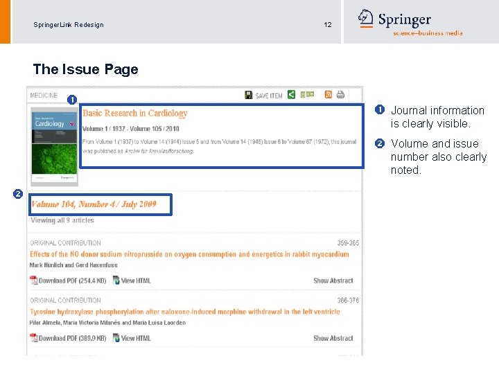 Springer. Link Redesign 12 The Issue Page Journal information is clearly visible. Volume and