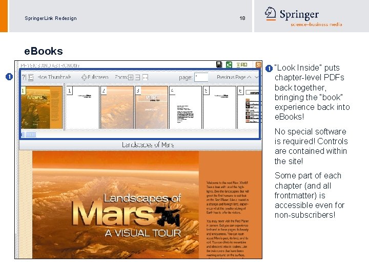 Springer. Link Redesign 18 e. Books “Look Inside” puts chapter-level PDFs back together, bringing