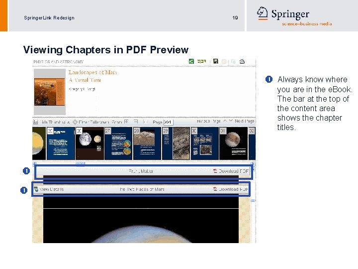 Springer. Link Redesign 19 Viewing Chapters in PDF Preview Always know where you are